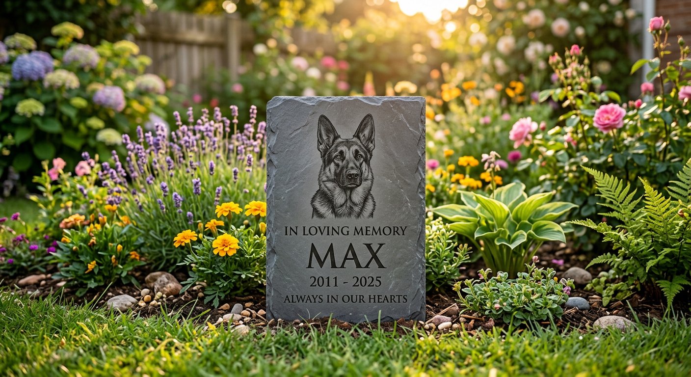 Garden memorial stone engraved with dog portrait and RIP inscription