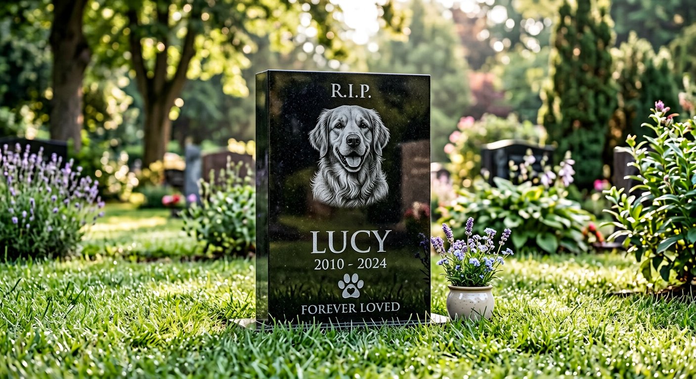 Granite pet headstone for grave plot with engraved portrait