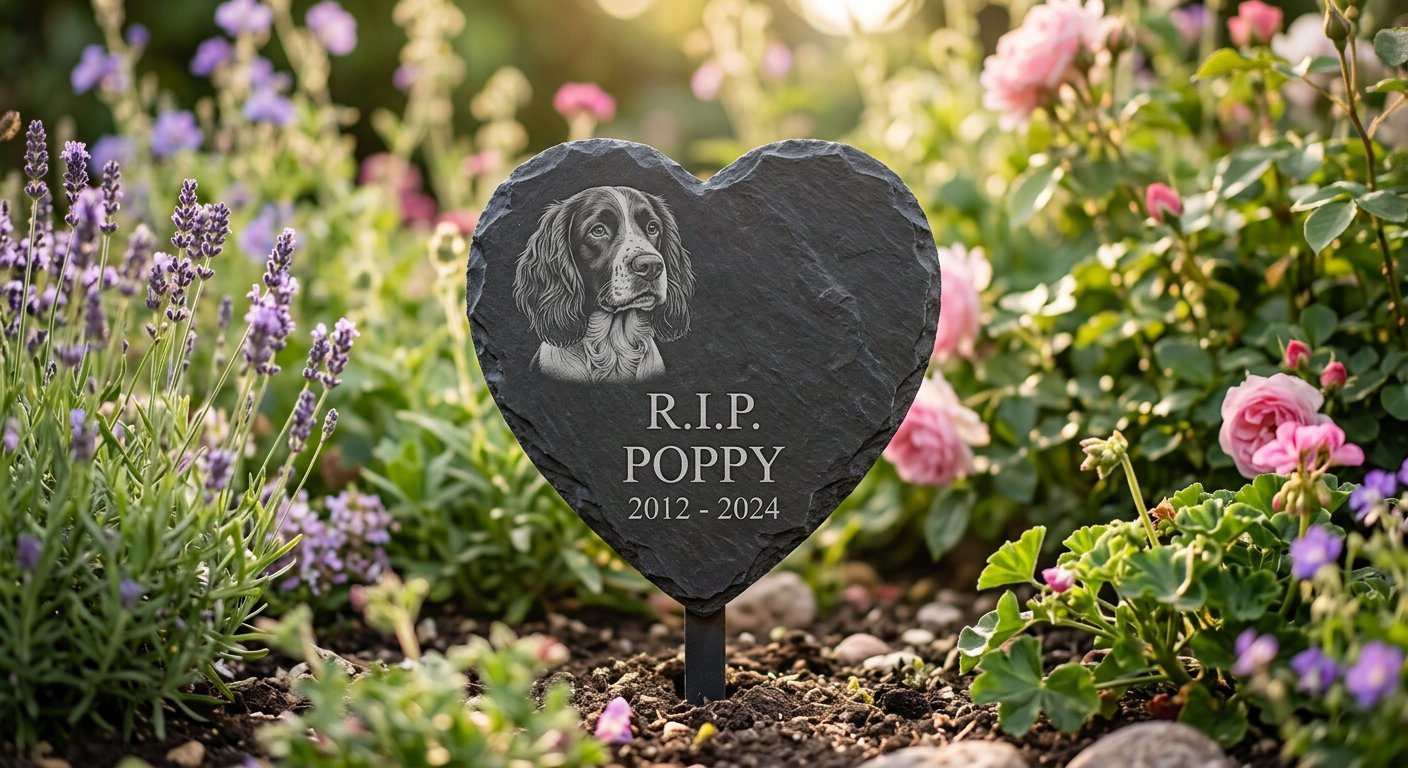 Heart-Shaped Slate Memorial — dog — RIP engraved memorial example by Craigality