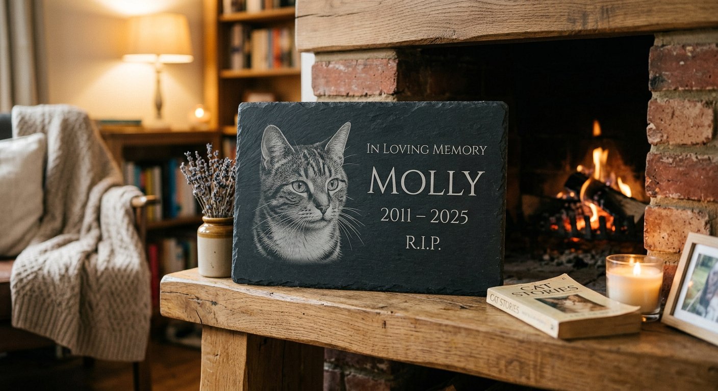 Slate Plaque — cat, RIP & dates — RIP engraved memorial example by Craigality