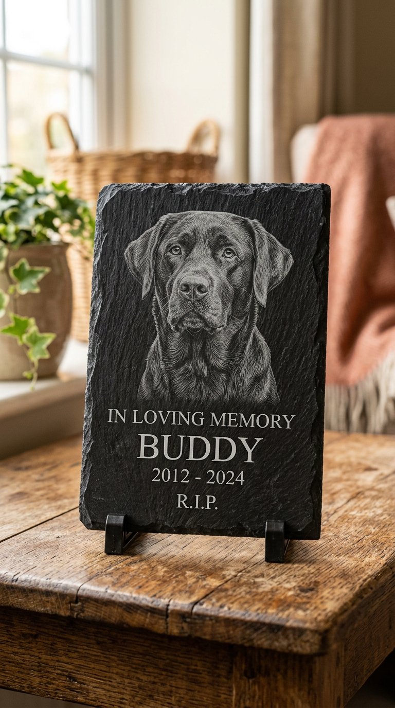 Engraved slate memorial plaque with dog photograph